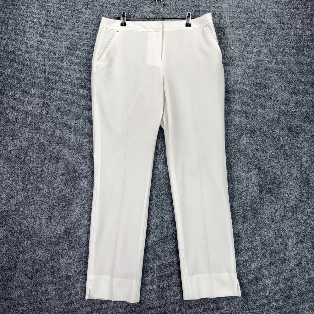 White Straight Leg Dress Pants Lined Trousers Gold Hardware Accents Size 8